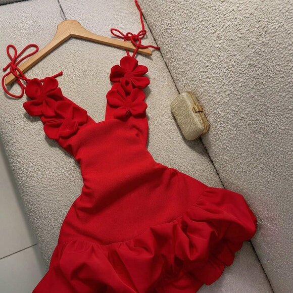 Dresses & Skirts - Red Casual Women's Deep V-Neck Floral Party Dress